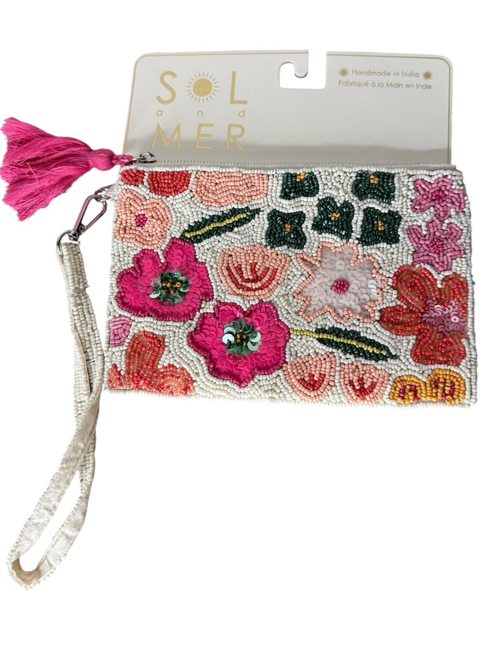 SOL AND MER New Beaded Clutch Wristlet Purse Tropical Floral Zipper Tassle Pink